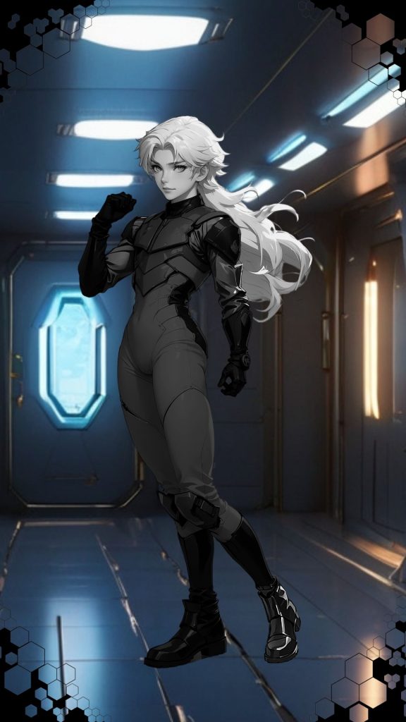 Personaje femenino en armadura ajustada, con cabello largo y expresión decidida.