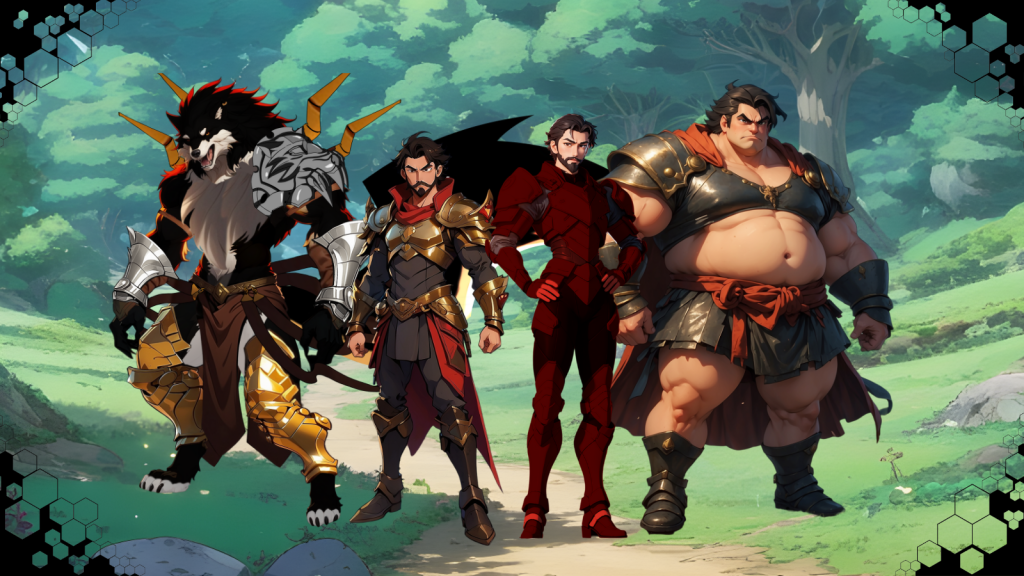 Un grupo de personajes variados y poderosos posando en un entorno boscoso. Entre ellos, un guerrero lobo bestia con armadura dorada, dos caballeros con armaduras rojas y doradas, y un hombre corpulento con una armadura más ligera.