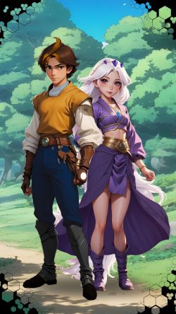 max y morgana Dos personajes jóvenes de pie en un entorno natural, uno con ropa de aventurero y la otra con atuendo místico.
