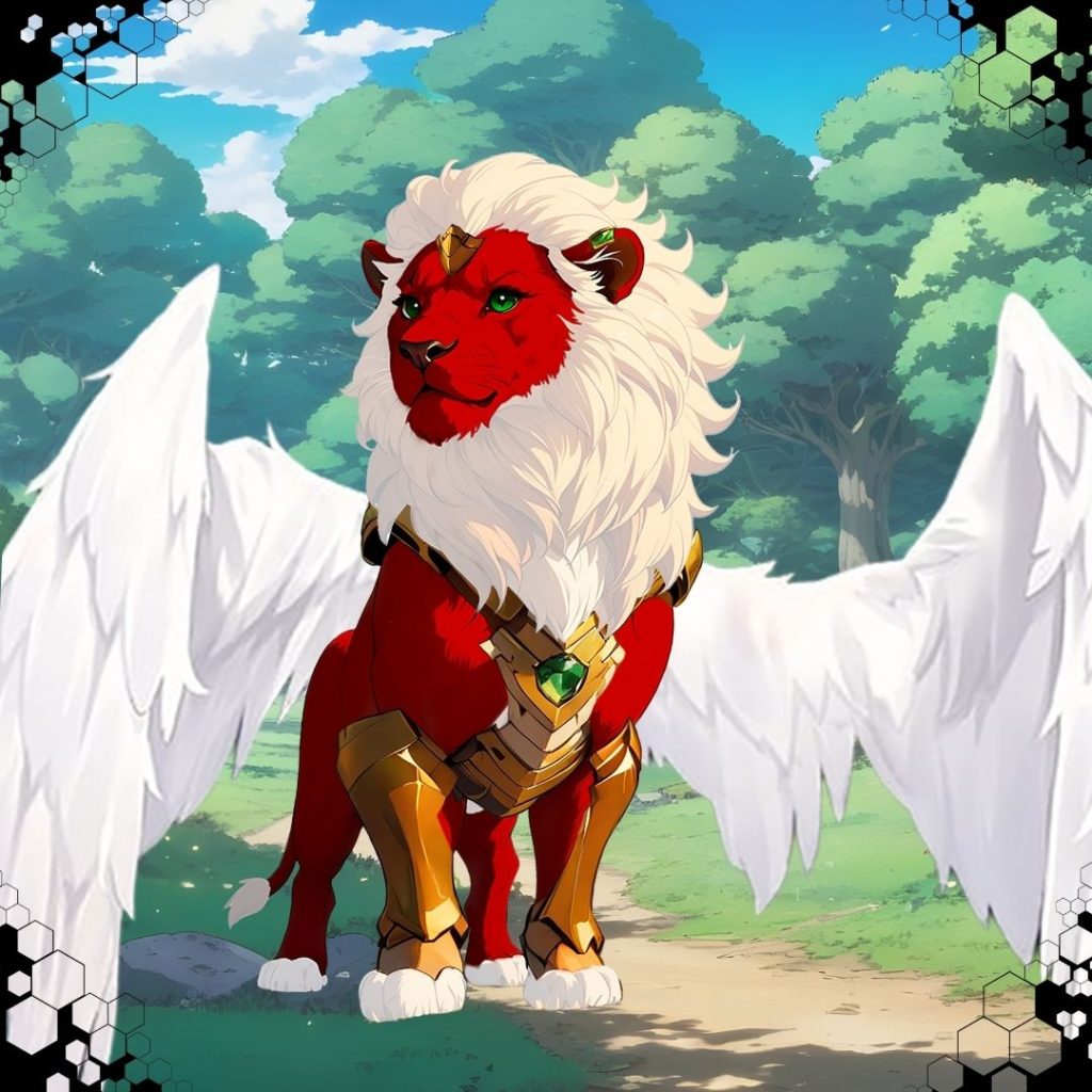 León rojo con alas blancas, una melena blanca y adornos dorados en un claro del bosque, bajo un cielo despejado.