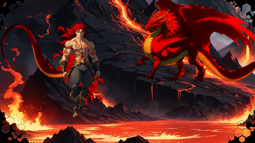 Un guerrero musculoso de cabello rojo y un enorme dragón escarlata se encuentran en un paisaje volcánico, con lava ardiente fluyendo a su alrededor y un cielo oscuro cubierto de nubes de ceniza.