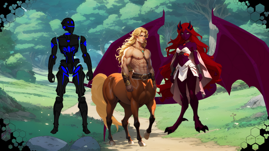 Un trío diverso de personajes futuristas y mitológicos en un claro del bosque. De izquierda a derecha, un autómata de aspecto avanzado, un centauro de gran musculatura y una mujer demoníaca alada con piel roja y cuernos.