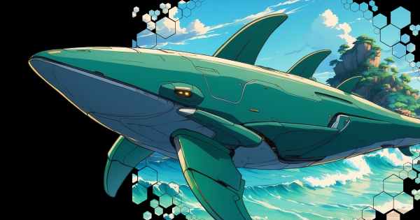 Nave con forma de ballena, con diseño futurista y metálico.