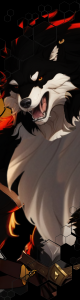 Un lobo negro de gran tamaño, con colmillos expuestos y una mirada feroz, rodeado de destellos de fuego en un estilo anime.