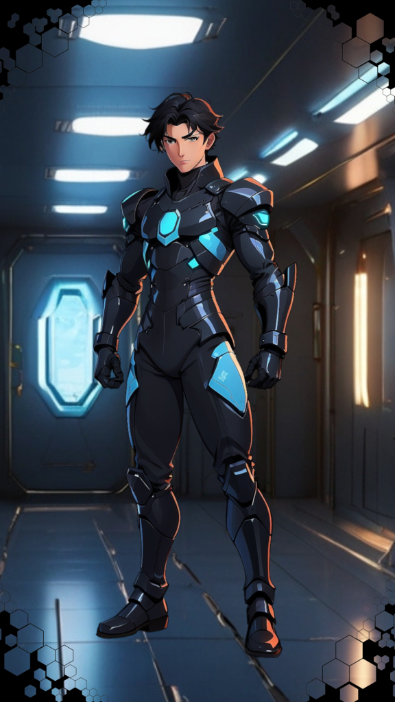 Personaje de estilo futurista en armadura oscura con detalles en azul brillante