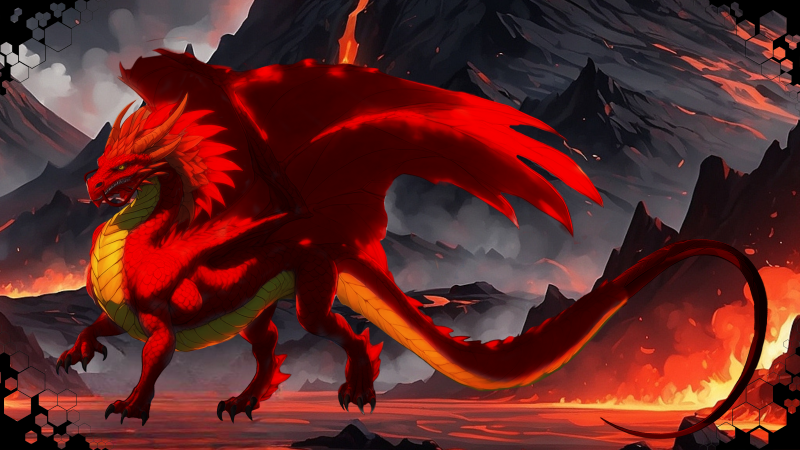 Dragón imponente de escamas rojas y doradas, rodeado por un paisaje volcánico en plena erupción.