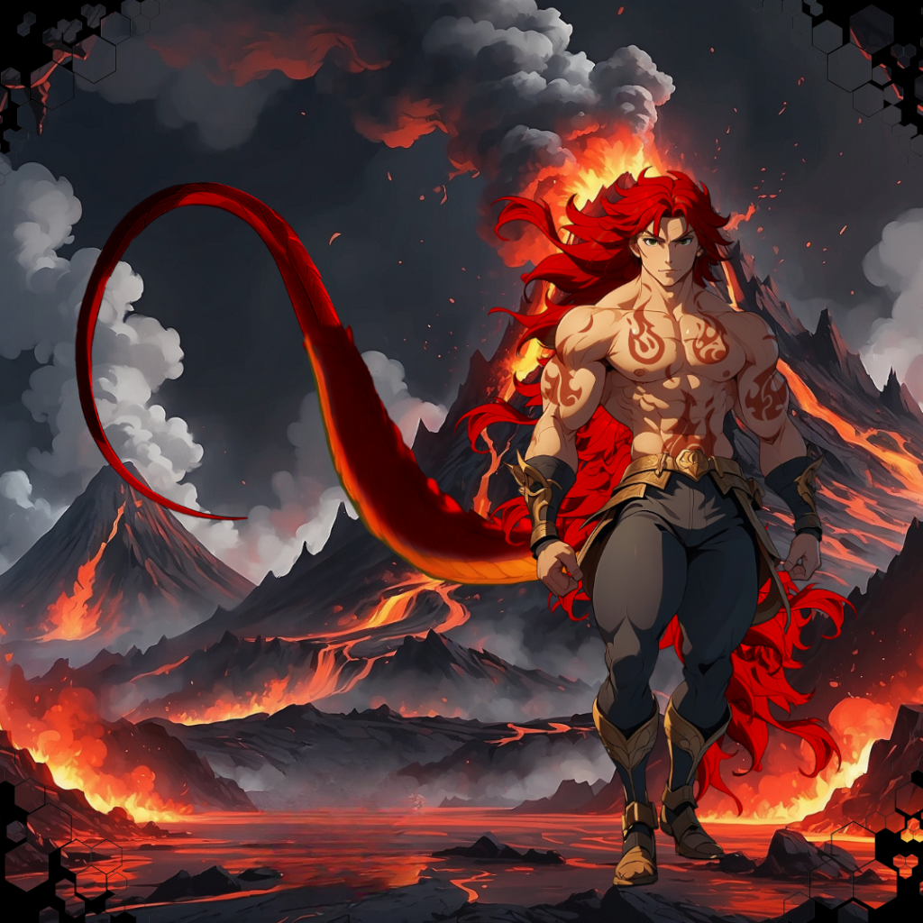 Guerrero de fuego con cabello rojo ardiente, rodeado de volcanes en erupción y lava fundida.