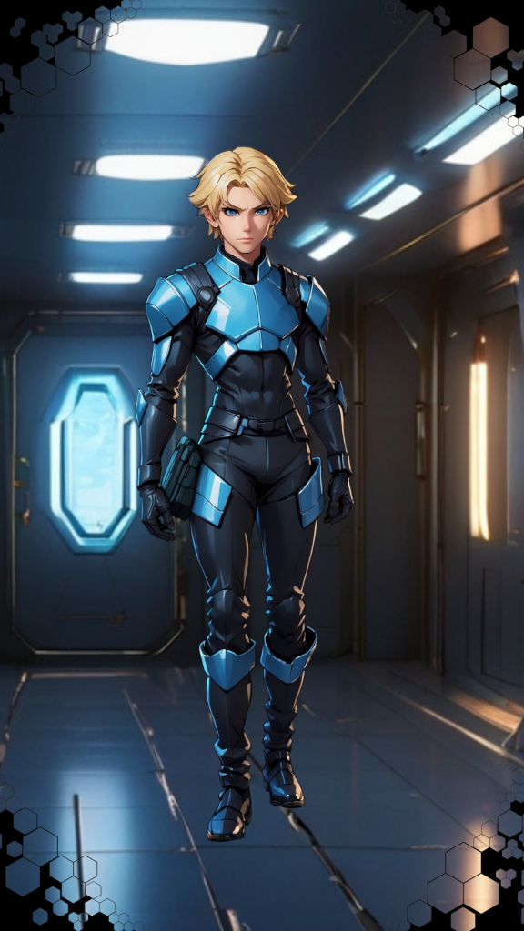 Un joven guerrero con armadura futurista azul y negra, de cabello rubio y ojos azules, posa con determinación.