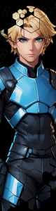 Joven de cabello rubio corto con traje futurista azul y negro, mirando de frente con expresión decidida.
