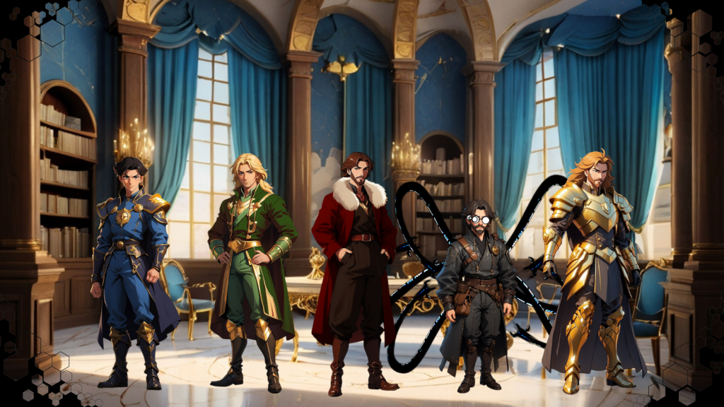Cinco personajes masculinos con atuendos únicos, de izquierda a derecha: Fergus, Kwonnyip, Kamshout, Taiyin y Zifer Itzamna, se encuentran en una elegante sala llena de libros. Son seguidores de Lord Andalexus.
