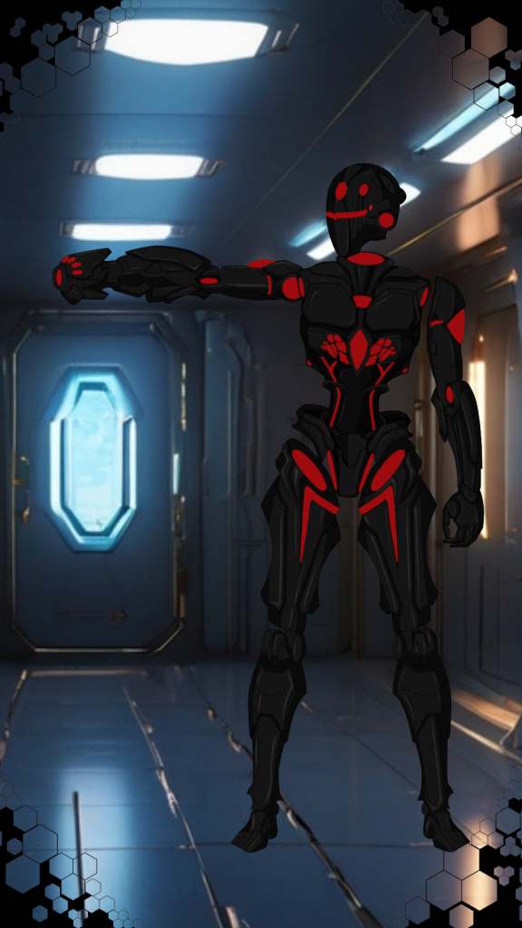 Robot negro con detalles rojos en posición de ataque.