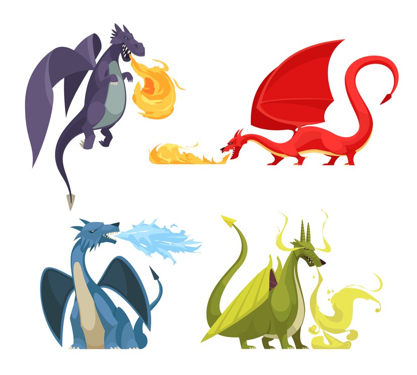 Ilustración de cuatro dragones coloridos en distintos tonos: morado, rojo, azul y verde, cada uno respirando fuego o hielo, representando diferentes elementos.