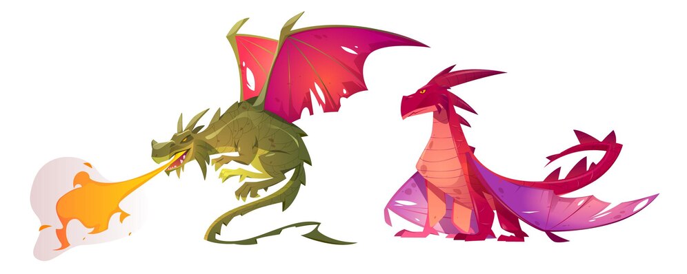 Dos dragones estilizados, uno verde lanzando fuego y otro rojo sentado, con tonalidades cálidas en sus cuerpos.