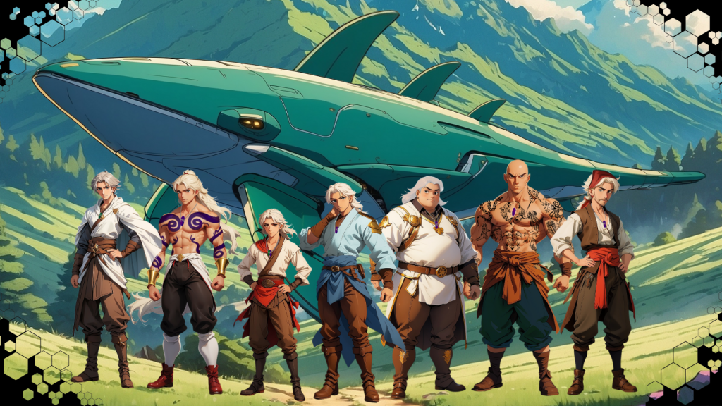 Un grupo de siete personajes masculinos, cada uno con atuendos únicos y variados, está de pie frente a una gran nave en forma de ballena voladora en un paisaje montañoso.