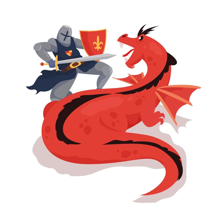 Un caballero medieval con espada y escudo enfrenta a un dragón rojo de gran tamaño.