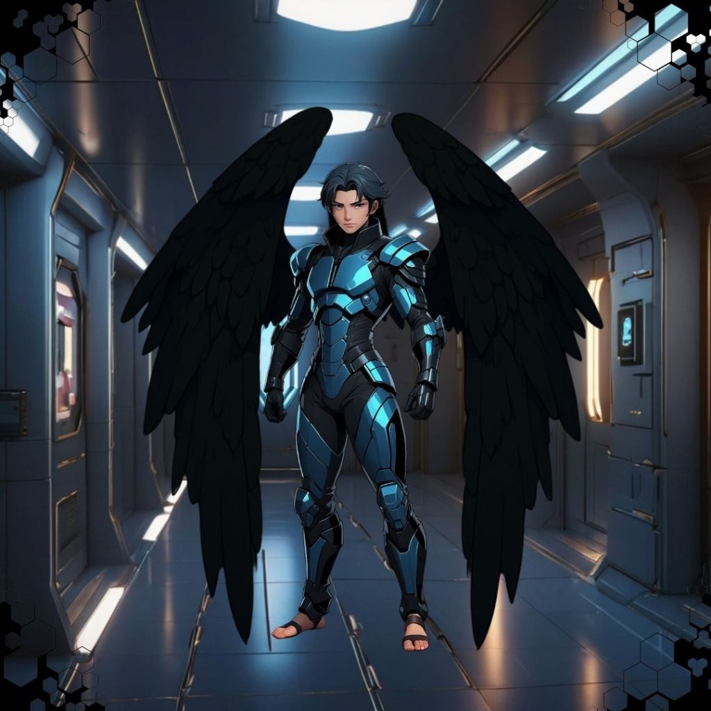 Joven guerrero con armadura futurista azul y negra, acompañado de grandes alas negras.