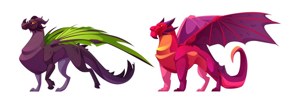 Dos dragones imponentes de colores vibrantes, uno con escamas púrpuras y verdes y el otro con tonos rojos y rosados.