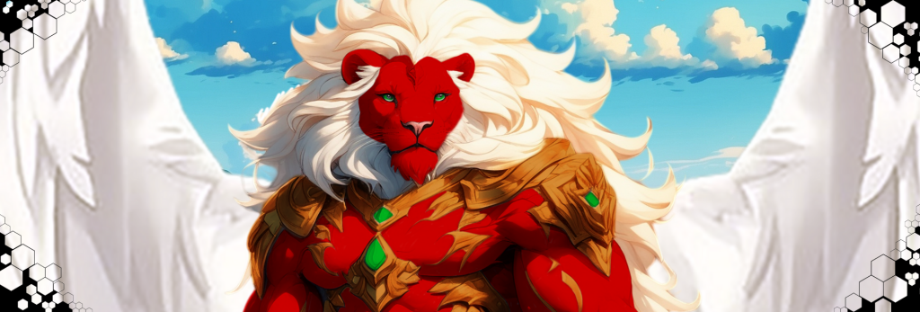Ilustración de un personaje con cabeza de león rojo y melena blanca, vestido con armadura dorada y esmeraldas, con un fondo de cielo azul claro.