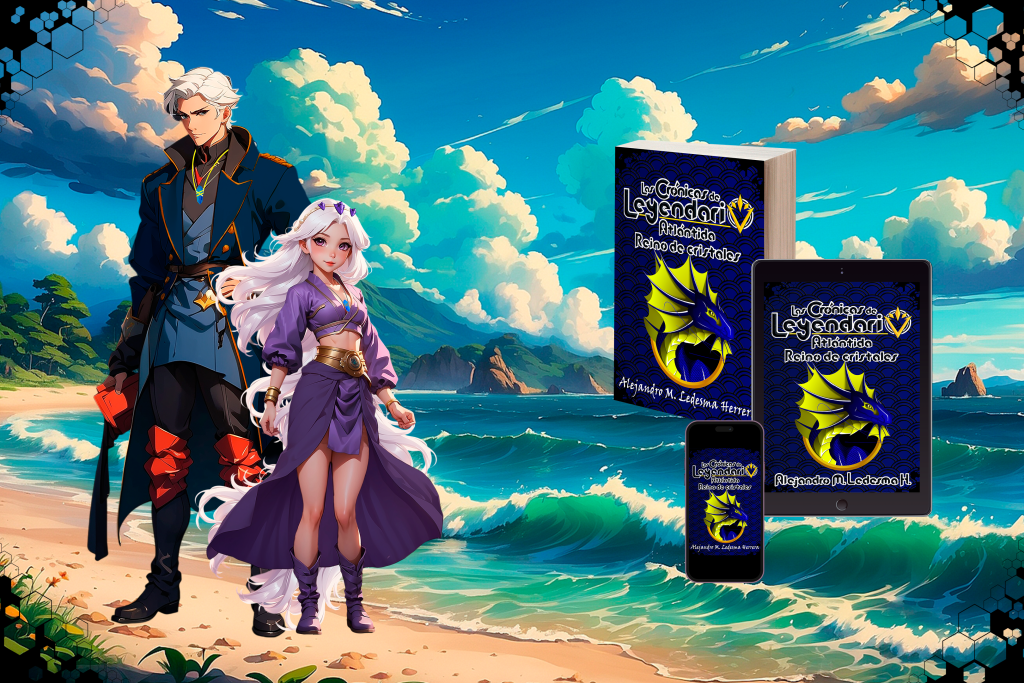 Dos personajes, un hombre alto de cabello plateado y una joven de cabello blanco, ambos con atuendos de fantasía, posan frente a un paisaje de playa con montañas al fondo. A su lado, aparecen versiones físicas y digitales de un libro titulado "Las Crónicas de Leyendario: Atlántida, Reino de Cristales