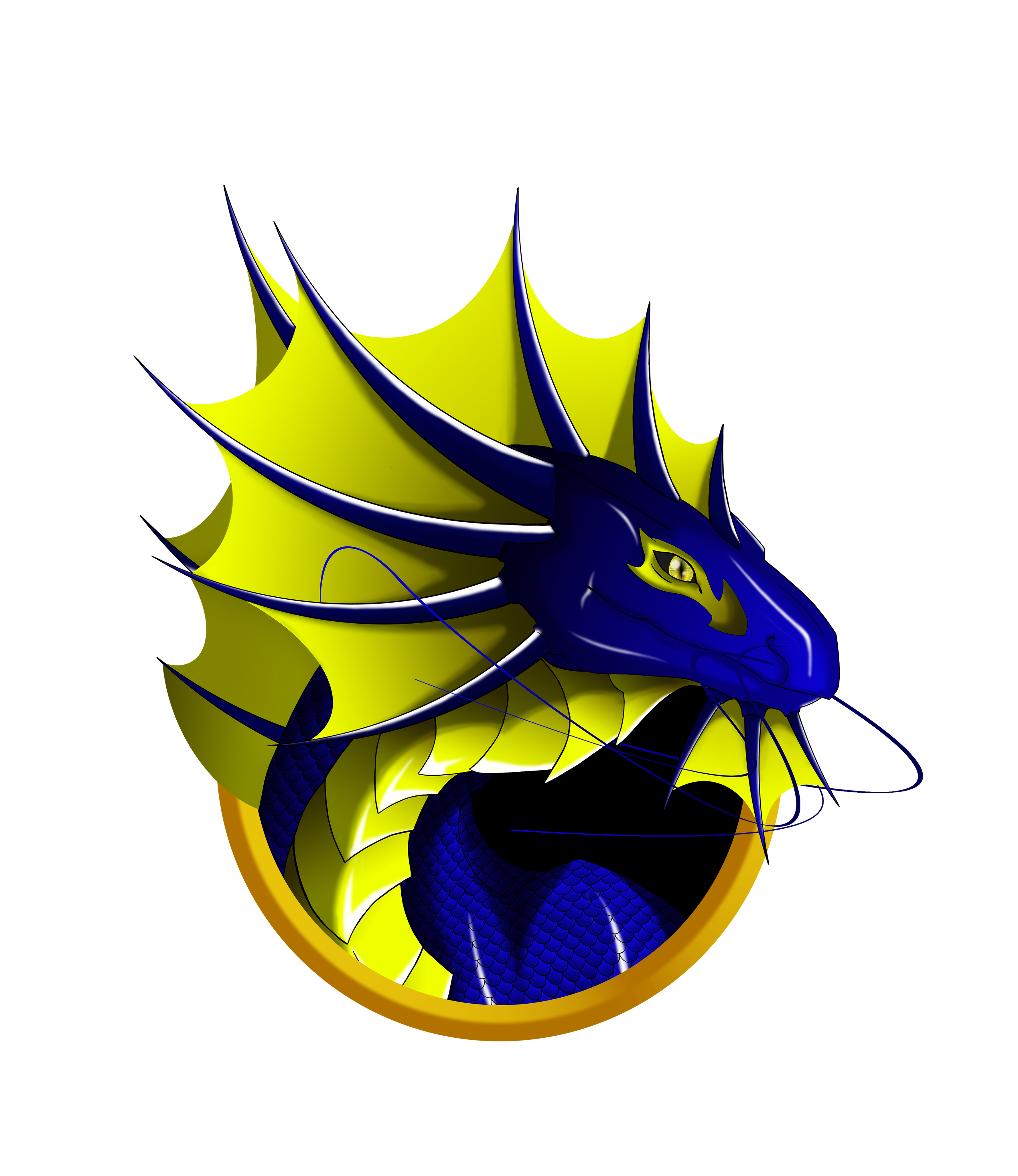 aqua Ilustración de la cabeza de un dragón azul con aletas amarillas y cuernos azules, rodeado por un emblema dorado.
