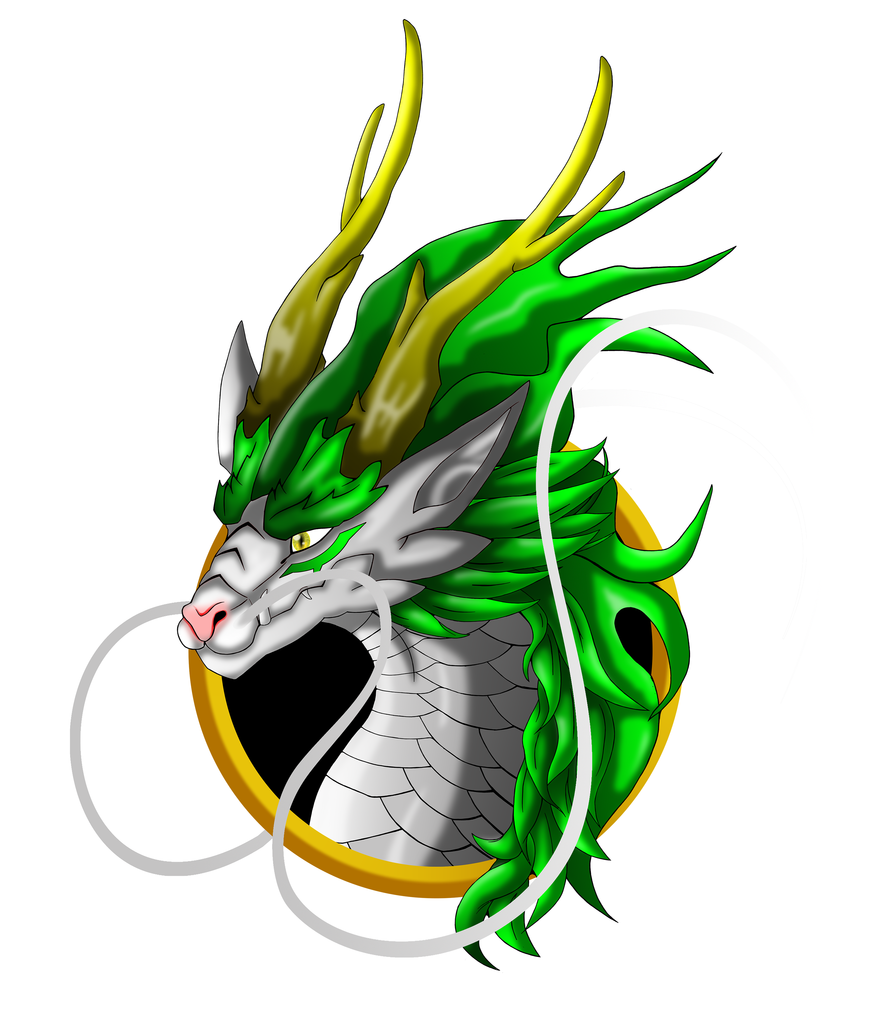 eris Ilustración de un dragón oriental con escamas plateadas, cuernos dorados y crines verdes, rodeado por un emblema dorado.