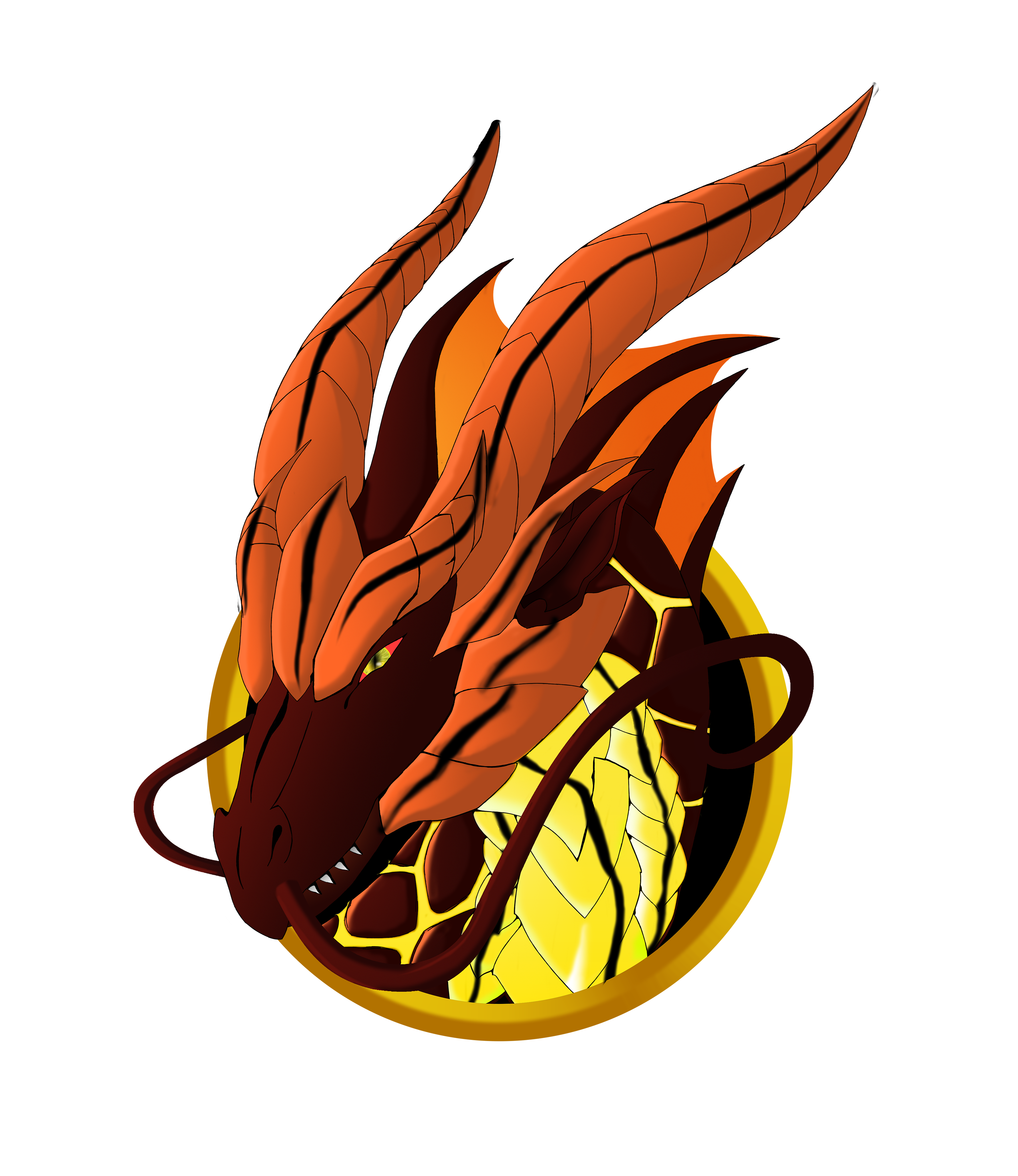 pyro Ilustración de la cabeza de un dragón rojo con cuernos anaranjados y ojos dorados, rodeado por un emblema dorado.